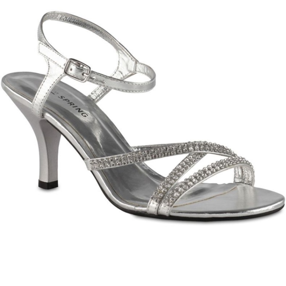 CALL IT SPRING metallic silver strappy heels